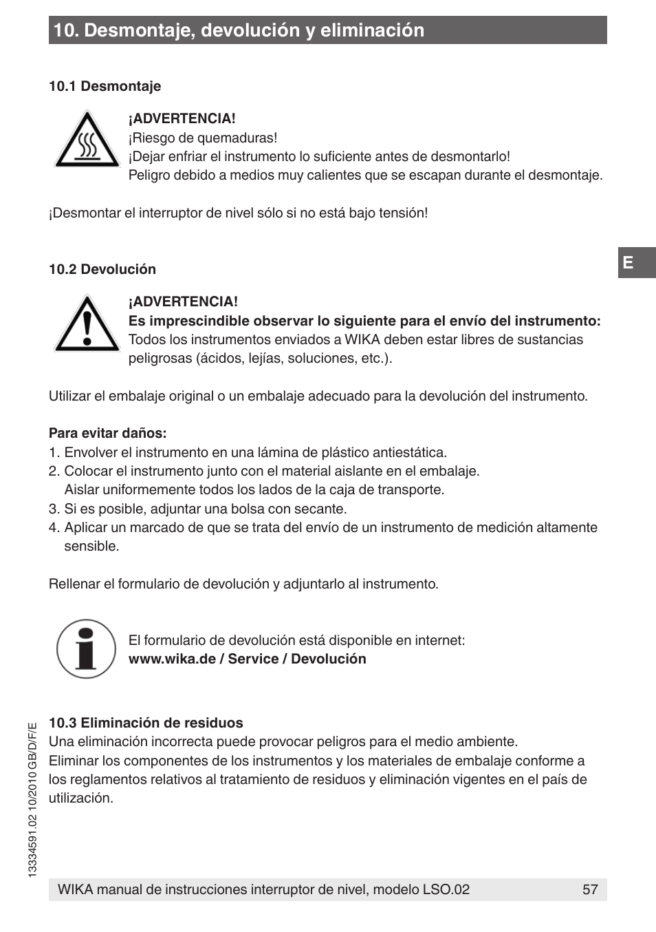 Desmontaje, devolución y eliminación | WIKA OLS-C20 User Manual | Page 57 / 60