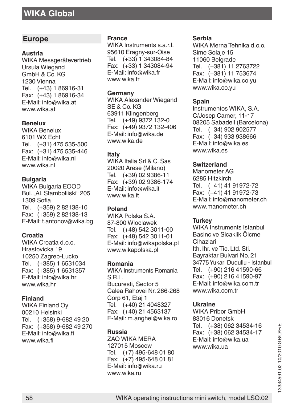 Wika global, Europe | WIKA OLS-C20 User Manual | Page 58 / 60