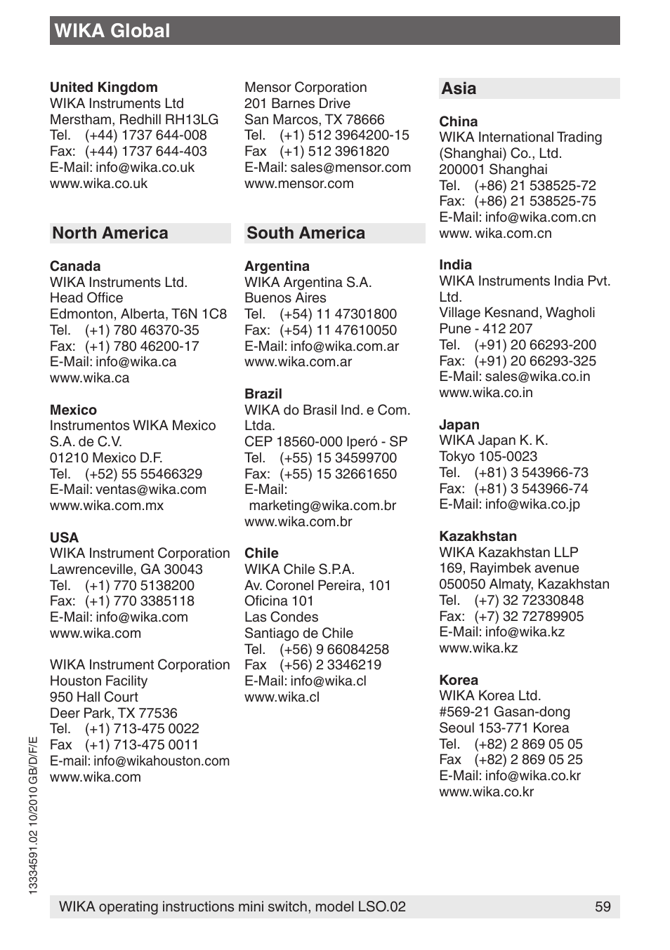 Wika global, North america, South america | Asia | WIKA OLS-C20 User Manual | Page 59 / 60