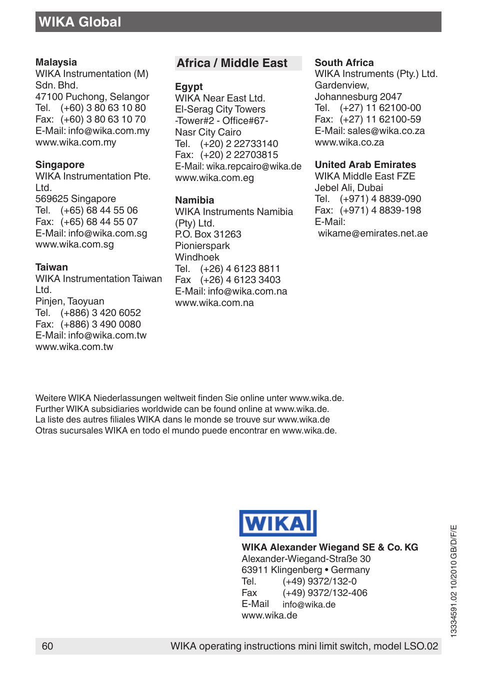 Wika global, Africa / middle east | WIKA OLS-C20 User Manual | Page 60 / 60