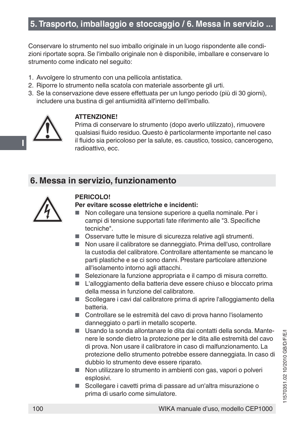 Messa in servizio, funzionamento | WIKA CEP1000 User Manual | Page 100 / 112