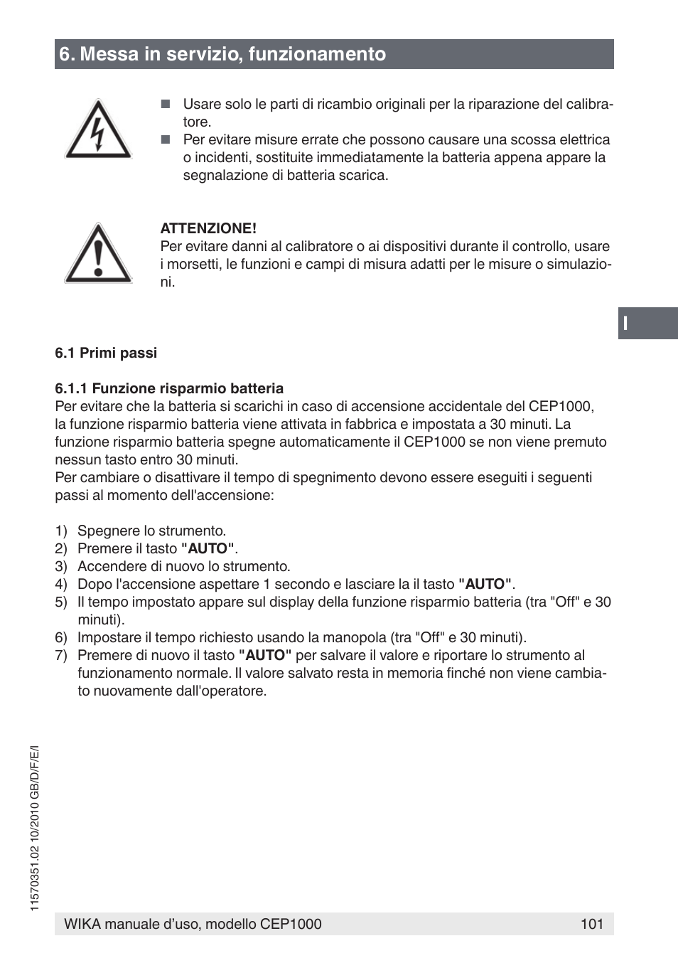 I6. messa in servizio, funzionamento | WIKA CEP1000 User Manual | Page 101 / 112