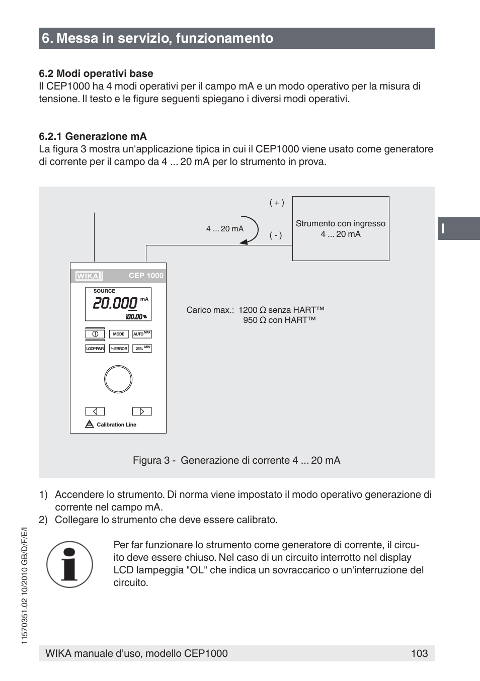 I6. messa in servizio, funzionamento, Figura 3 - generazione di corrente 4 ma | WIKA CEP1000 User Manual | Page 103 / 112