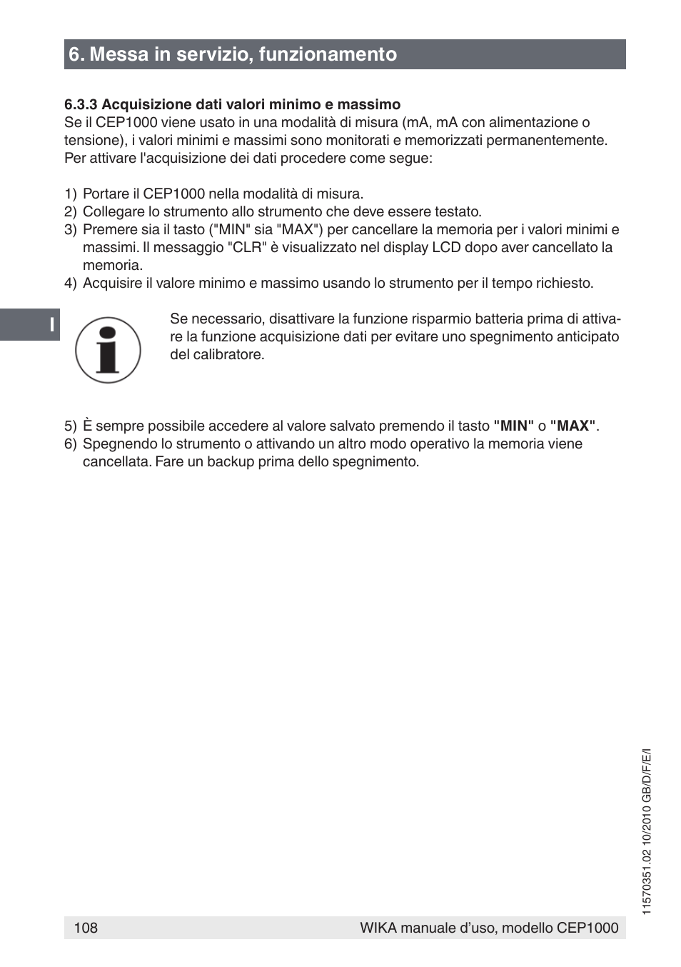 I6. messa in servizio, funzionamento | WIKA CEP1000 User Manual | Page 108 / 112