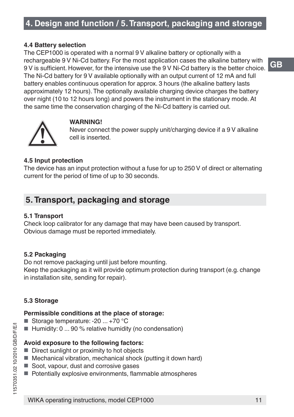 Transport, packaging and storage | WIKA CEP1000 User Manual | Page 11 / 112