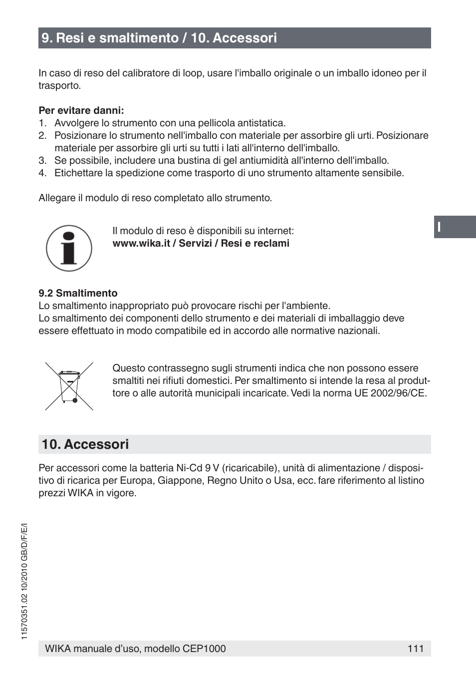 I9. resi e smaltimento / 10. accessori, Accessori | WIKA CEP1000 User Manual | Page 111 / 112