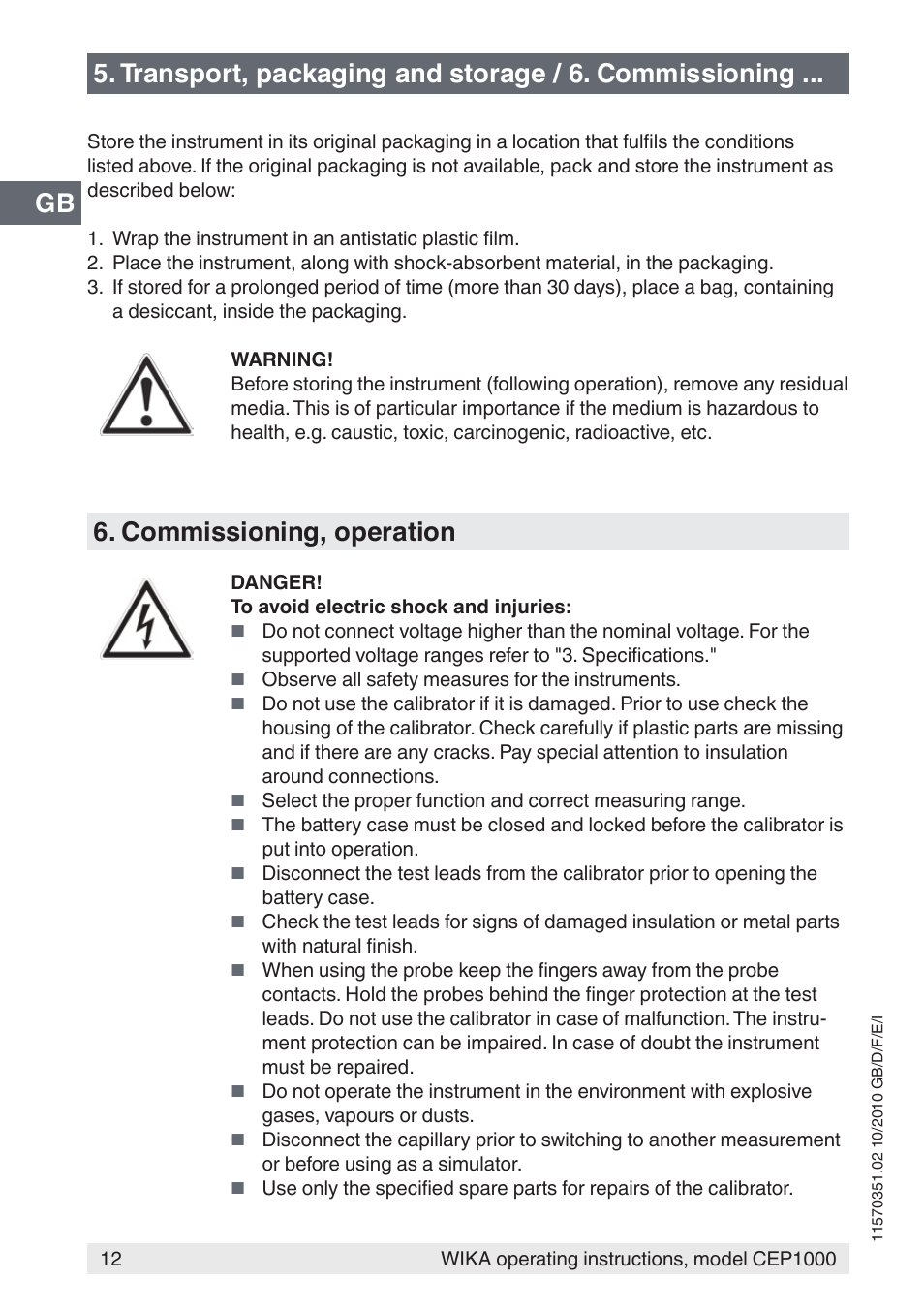 Commissioning, operation | WIKA CEP1000 User Manual | Page 12 / 112