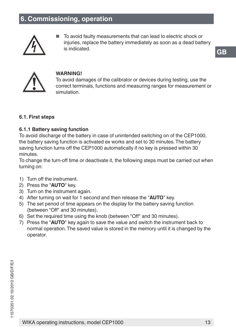 Gb 6. commissioning, operation | WIKA CEP1000 User Manual | Page 13 / 112