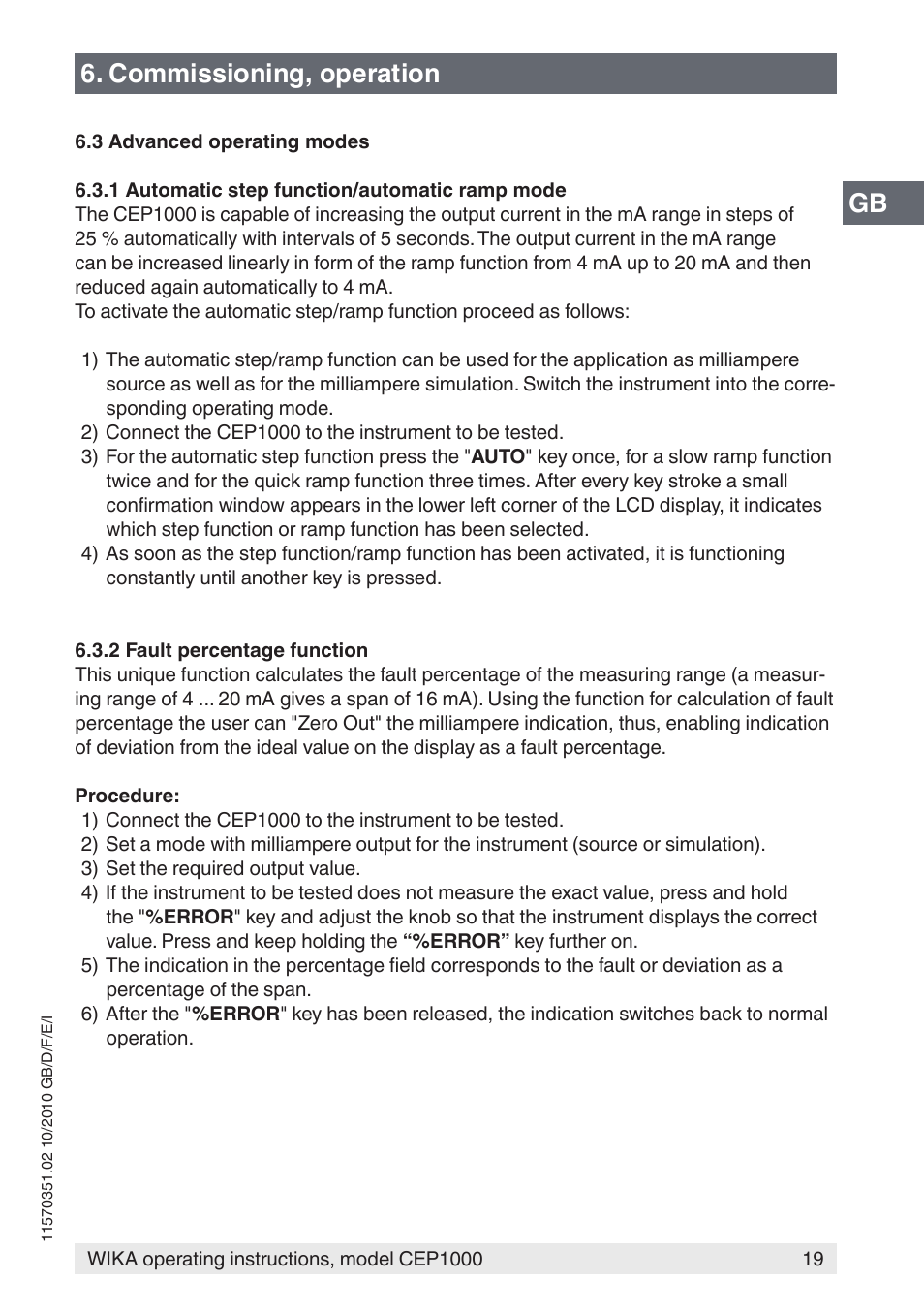 Gb 6. commissioning, operation | WIKA CEP1000 User Manual | Page 19 / 112