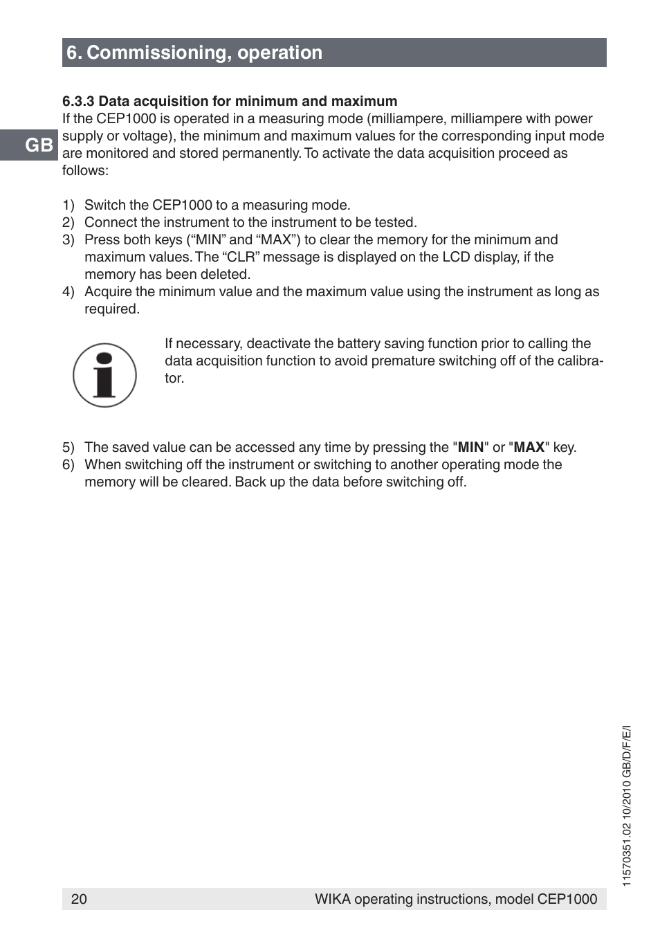 Gb 6. commissioning, operation | WIKA CEP1000 User Manual | Page 20 / 112