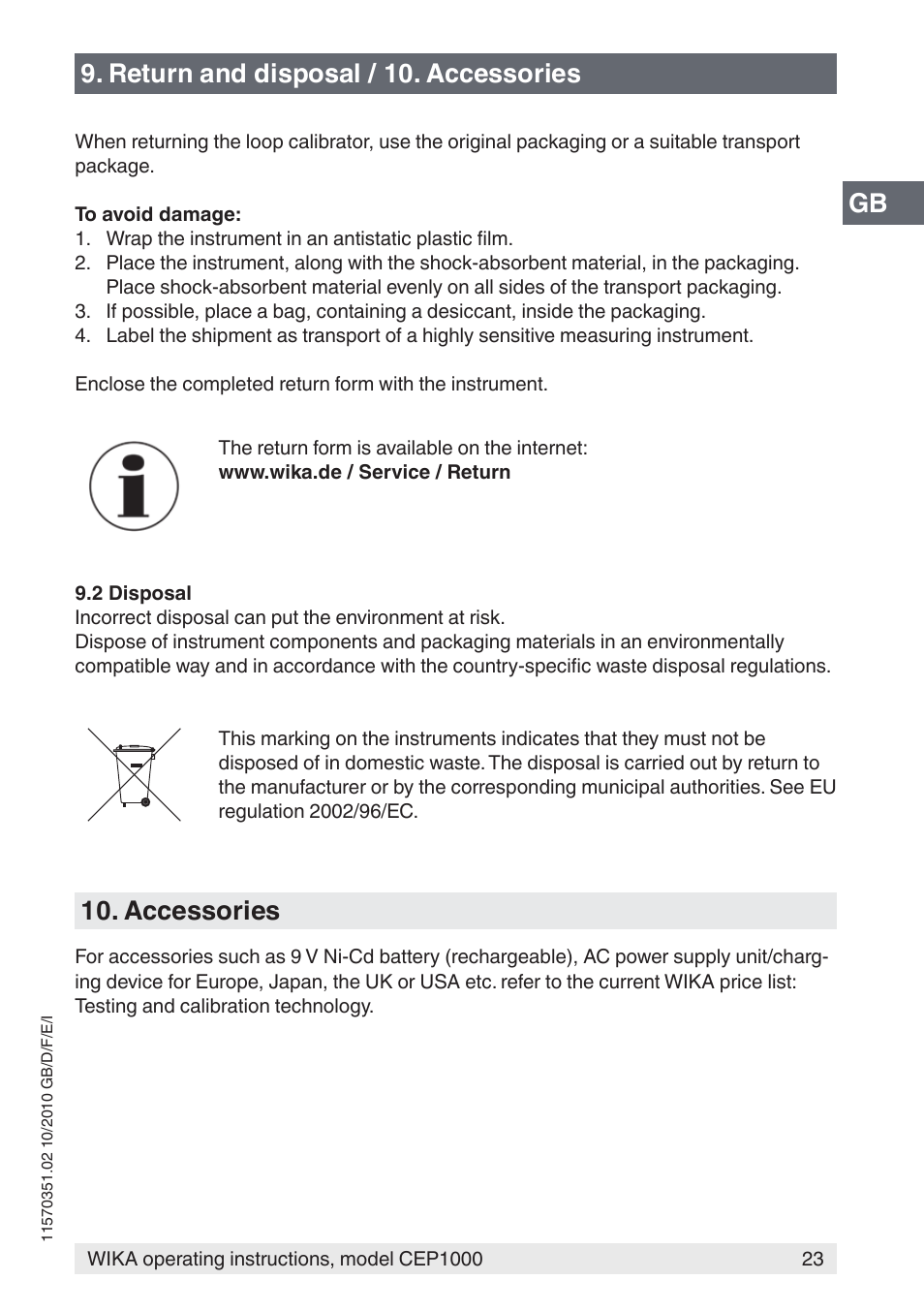 Gb 9. return and disposal / 10. accessories, Accessories | WIKA CEP1000 User Manual | Page 23 / 112