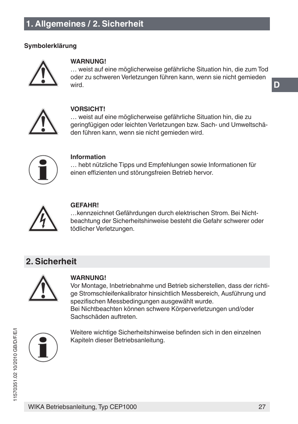 Allgemeines / 2. sicherheit, Sicherheit | WIKA CEP1000 User Manual | Page 27 / 112