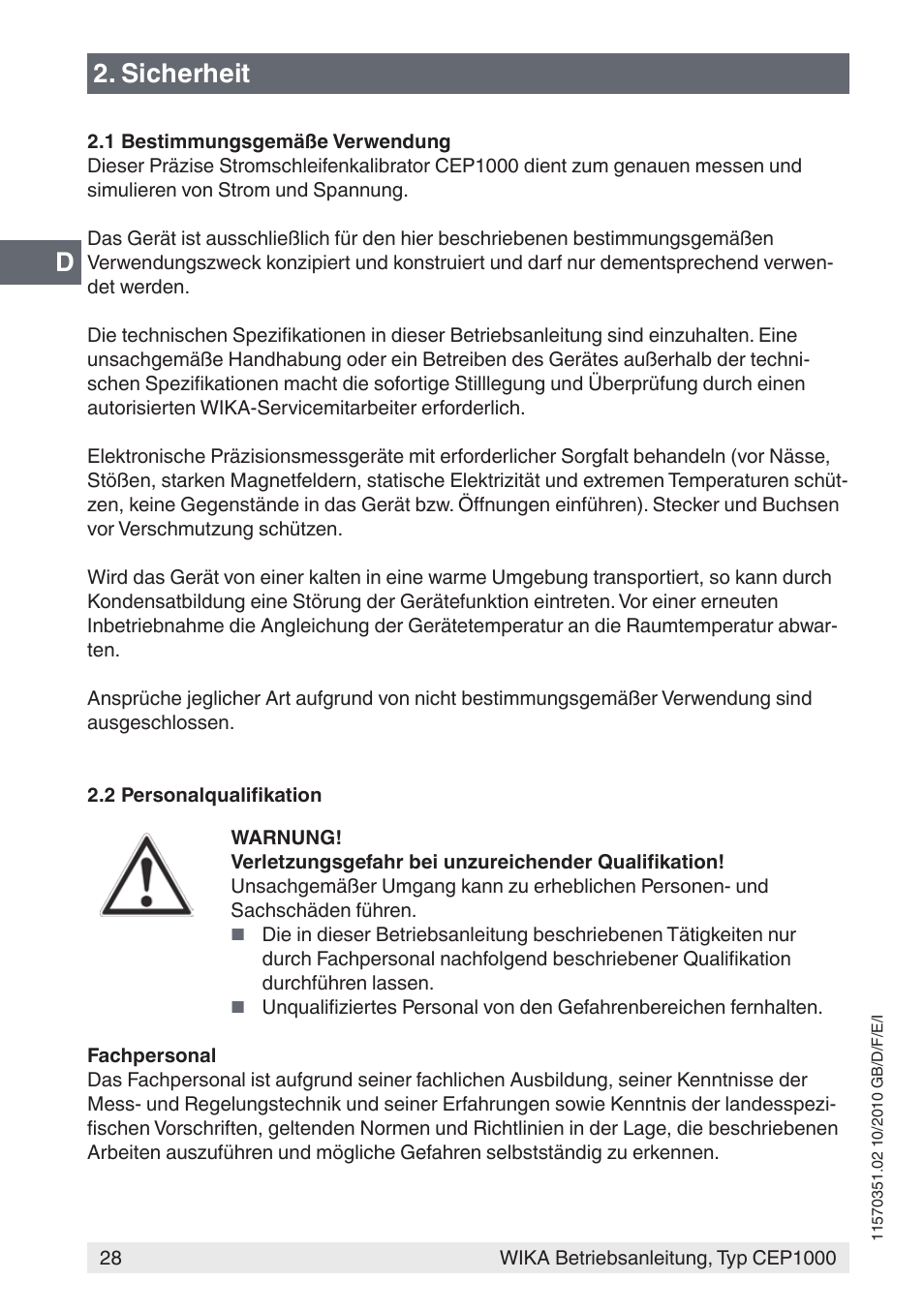 Sicherheit | WIKA CEP1000 User Manual | Page 28 / 112