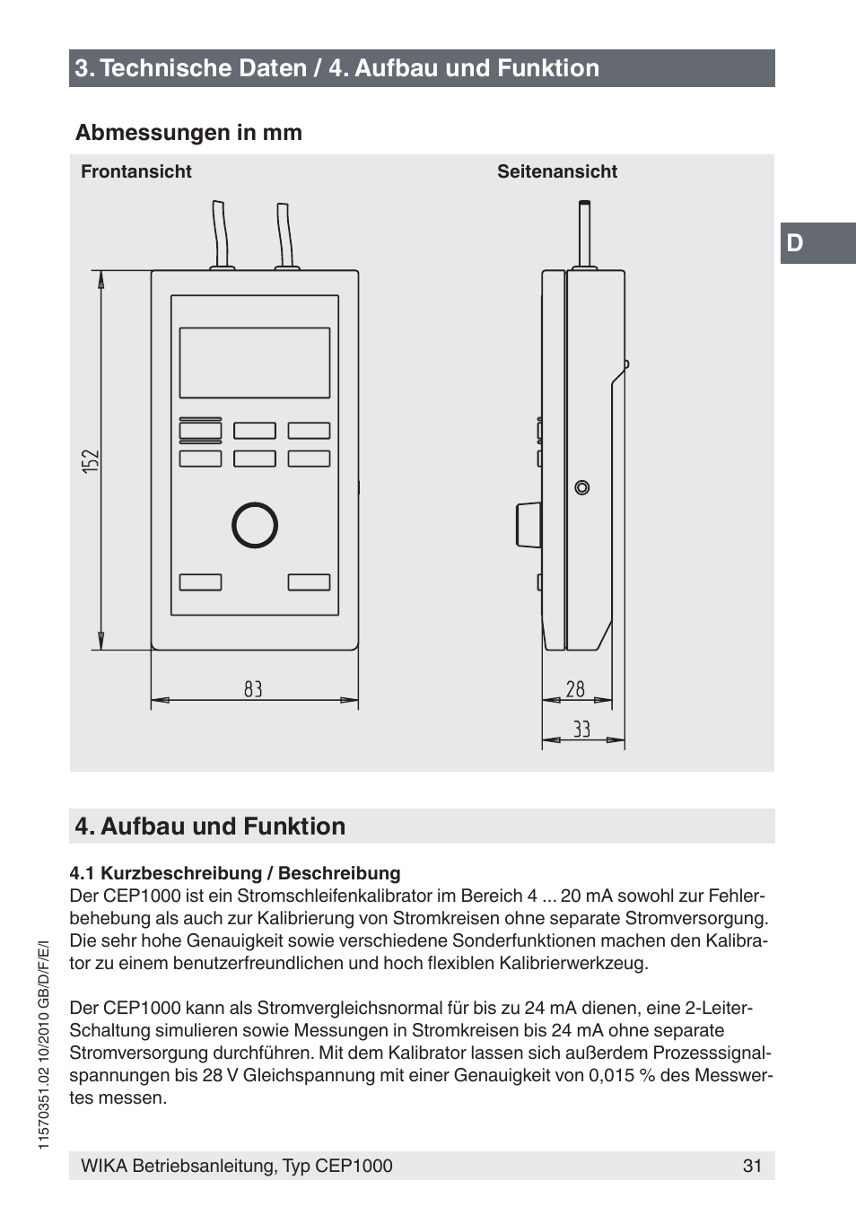 Technische daten / 4. aufbau und funktion, Aufbau und funktion | WIKA CEP1000 User Manual | Page 31 / 112