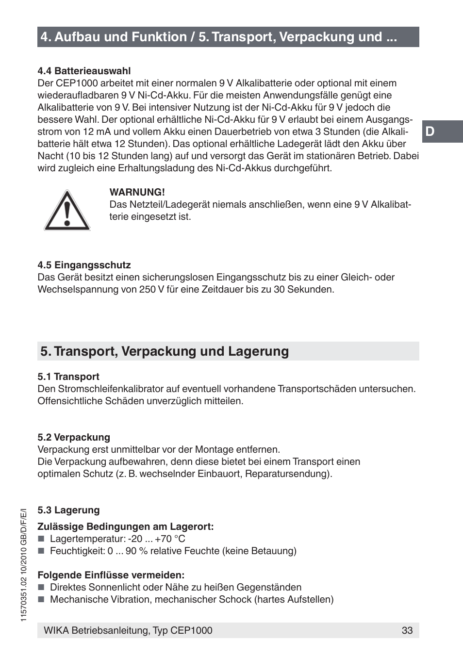 Aufbau und funktion / 5. transport, verpackung und, Transport, verpackung und lagerung | WIKA CEP1000 User Manual | Page 33 / 112