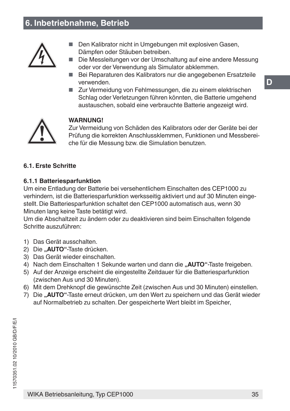 Inbetriebnahme, betrieb | WIKA CEP1000 User Manual | Page 35 / 112