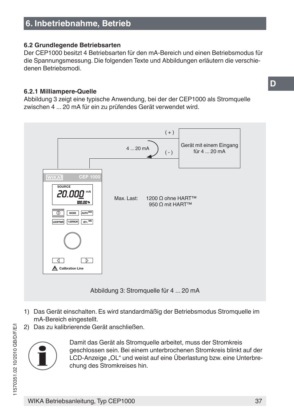 Inbetriebnahme, betrieb, Abbildung 3: stromquelle für 4 ma | WIKA CEP1000 User Manual | Page 37 / 112