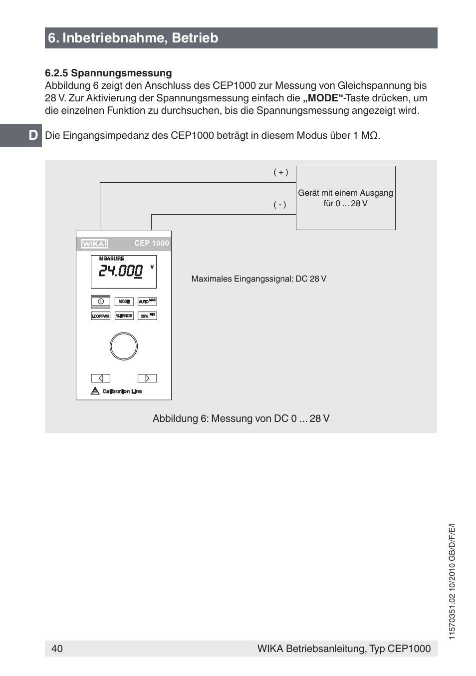 Inbetriebnahme, betrieb, Abbildung 6: messung von dc 0 v | WIKA CEP1000 User Manual | Page 40 / 112