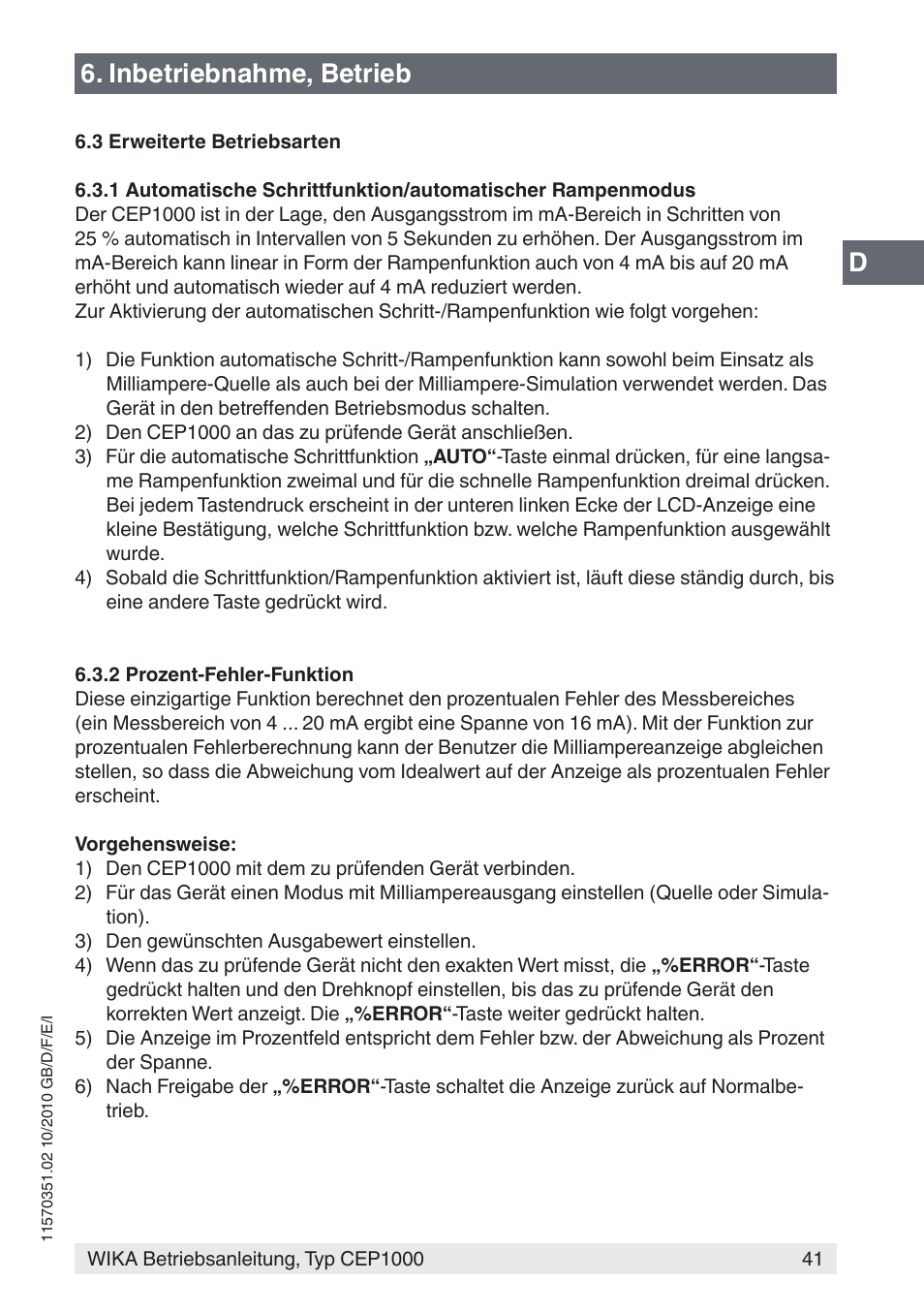 Inbetriebnahme, betrieb | WIKA CEP1000 User Manual | Page 41 / 112