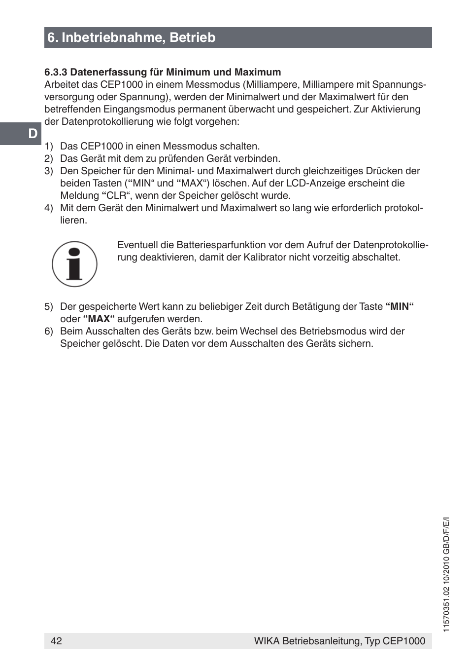 Inbetriebnahme, betrieb | WIKA CEP1000 User Manual | Page 42 / 112