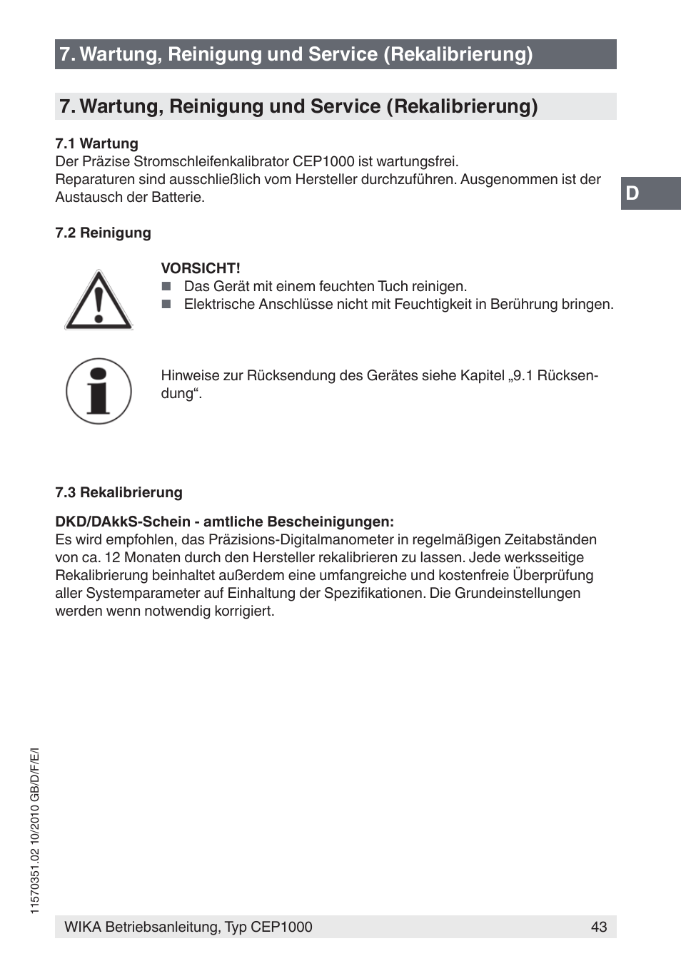 Wartung, reinigung und service (rekalibrierung) | WIKA CEP1000 User Manual | Page 43 / 112