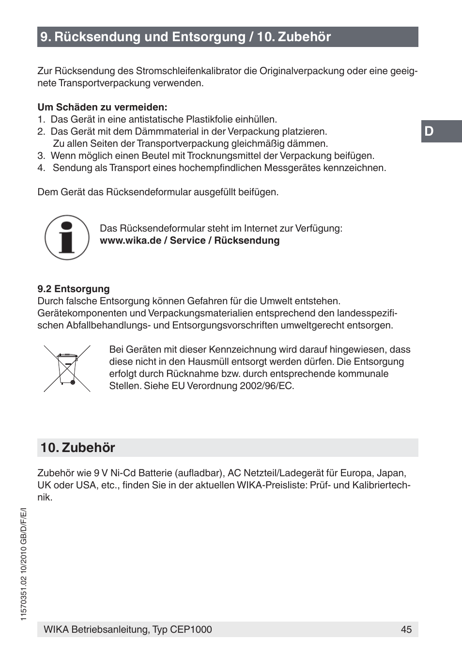 Rücksendung und entsorgung / 10. zubehör, Zubehör | WIKA CEP1000 User Manual | Page 45 / 112