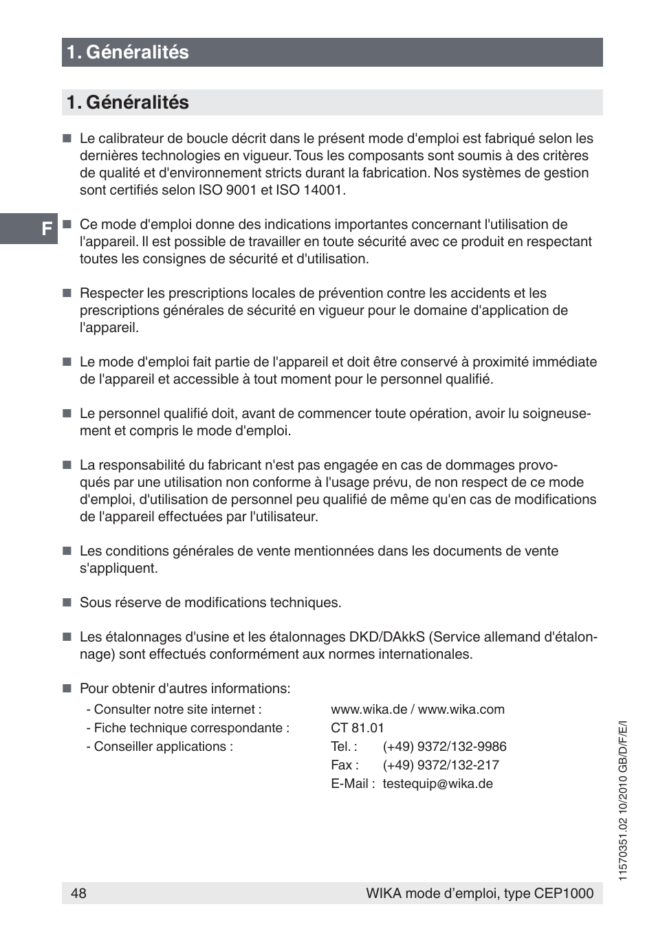 Généralités | WIKA CEP1000 User Manual | Page 48 / 112