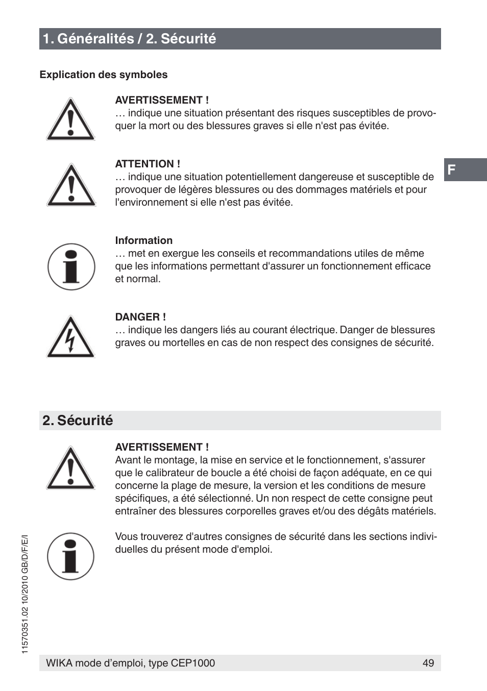 Généralités / 2. sécurité, Sécurité | WIKA CEP1000 User Manual | Page 49 / 112