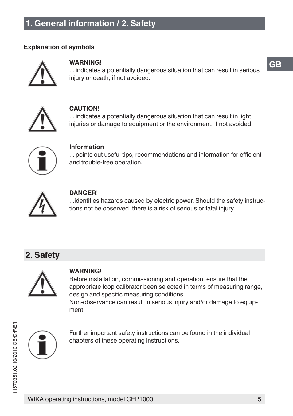 Gb 1. general information / 2. safety, Safety | WIKA CEP1000 User Manual | Page 5 / 112