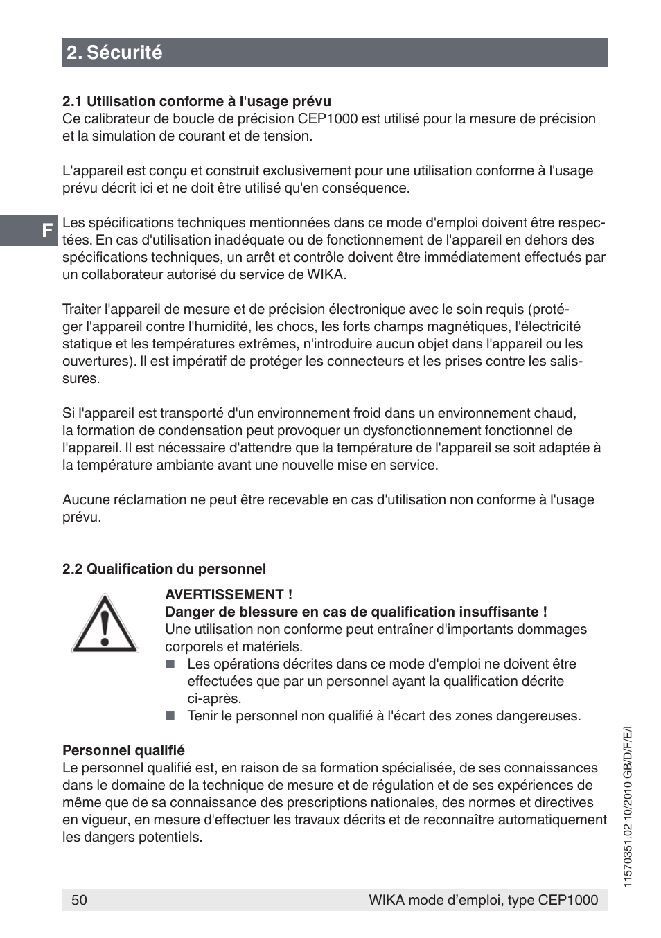 Sécurité | WIKA CEP1000 User Manual | Page 50 / 112