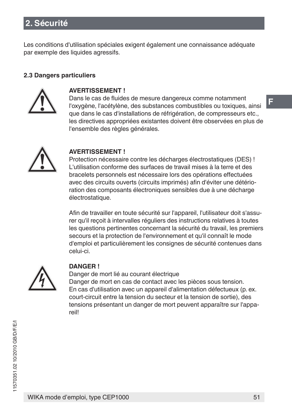 Sécurité | WIKA CEP1000 User Manual | Page 51 / 112