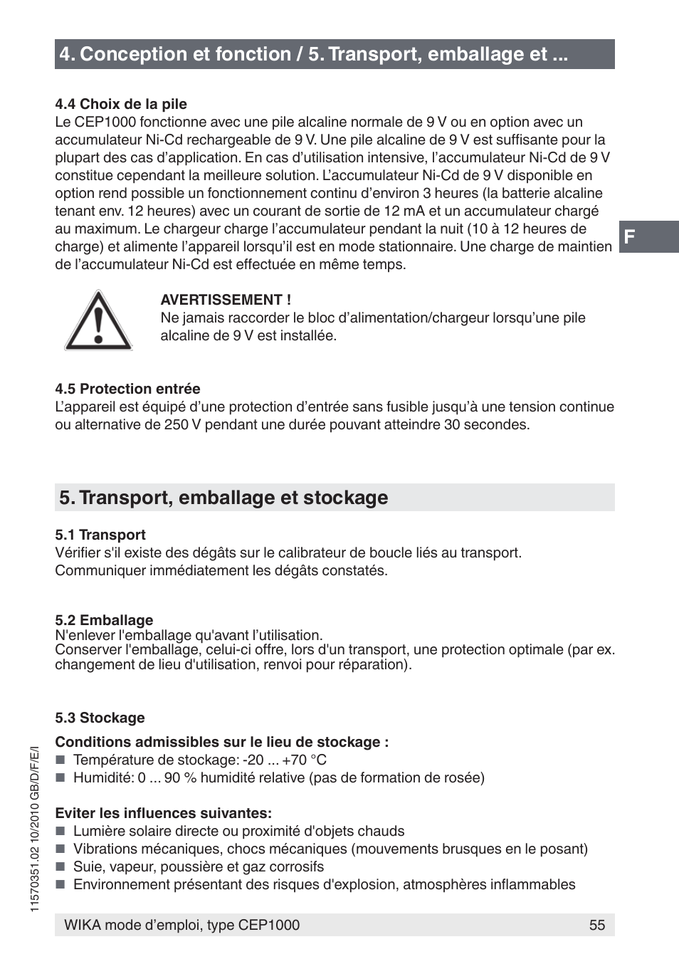 Transport, emballage et stockage | WIKA CEP1000 User Manual | Page 55 / 112