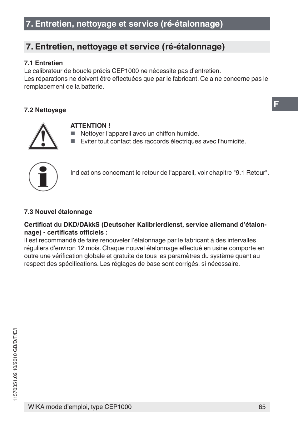 Entretien, nettoyage et service (ré-étalonnage) | WIKA CEP1000 User Manual | Page 65 / 112