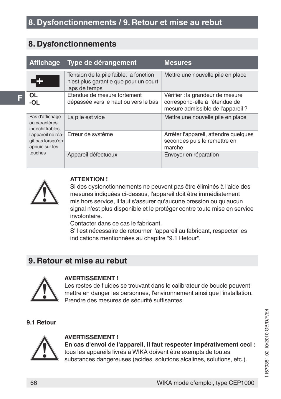 Retour et mise au rebut | WIKA CEP1000 User Manual | Page 66 / 112