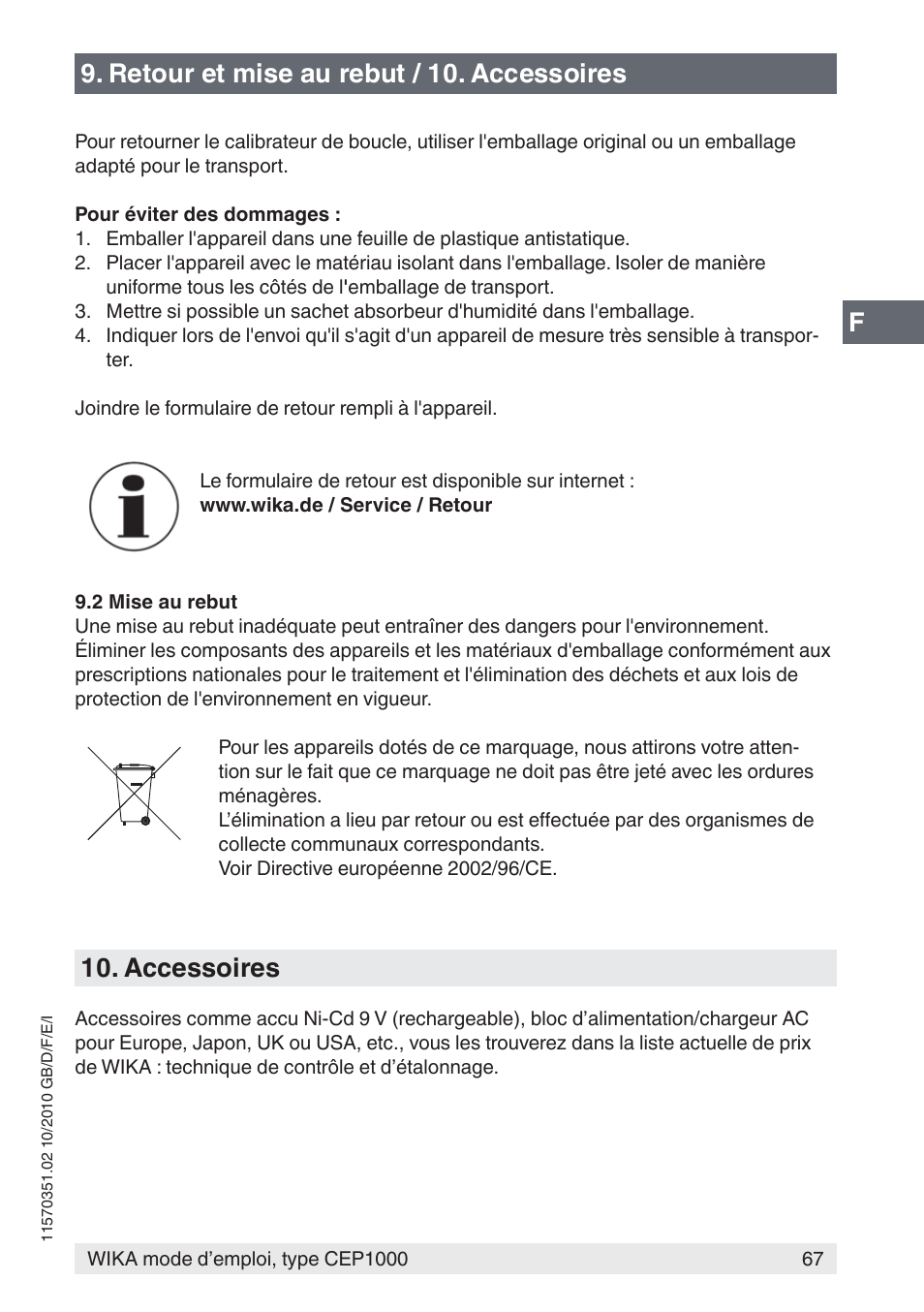 Retour et mise au rebut / 10. accessoires, Accessoires | WIKA CEP1000 User Manual | Page 67 / 112