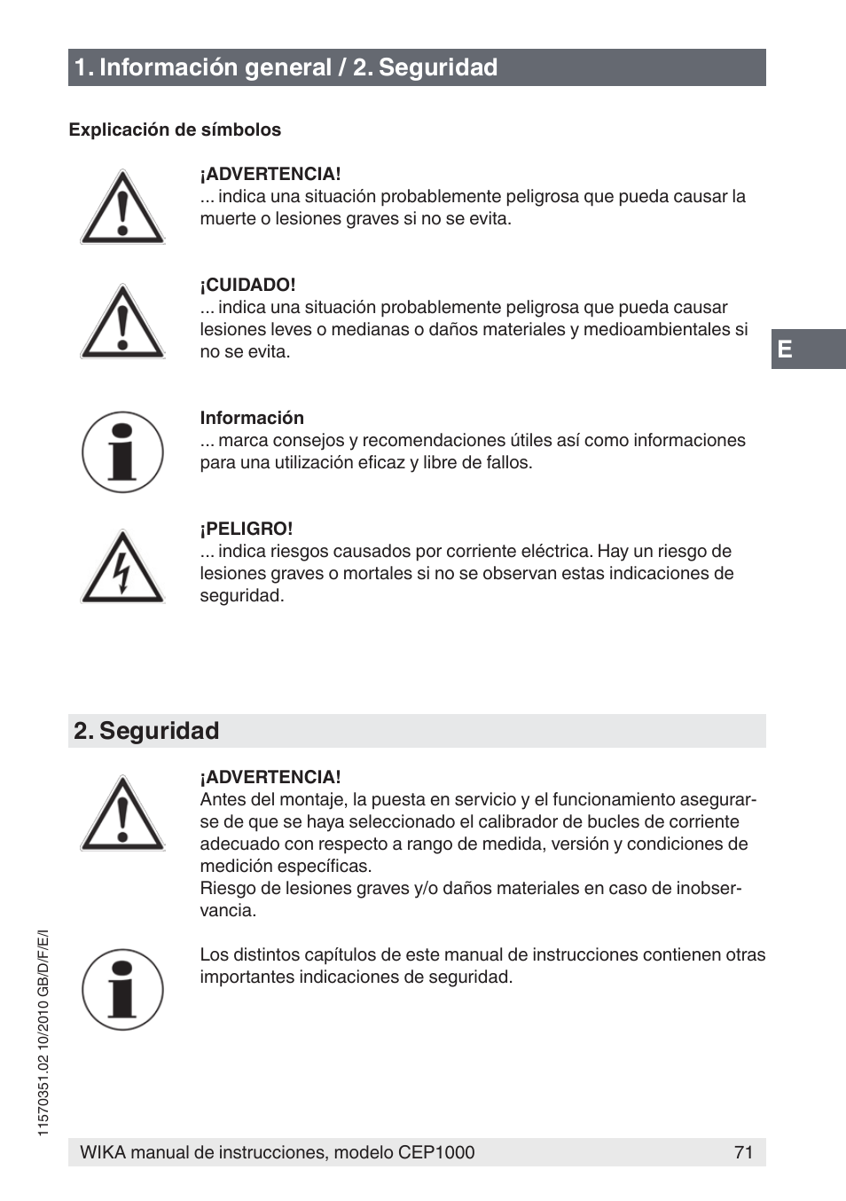 Información general / 2. seguridad, Seguridad | WIKA CEP1000 User Manual | Page 71 / 112