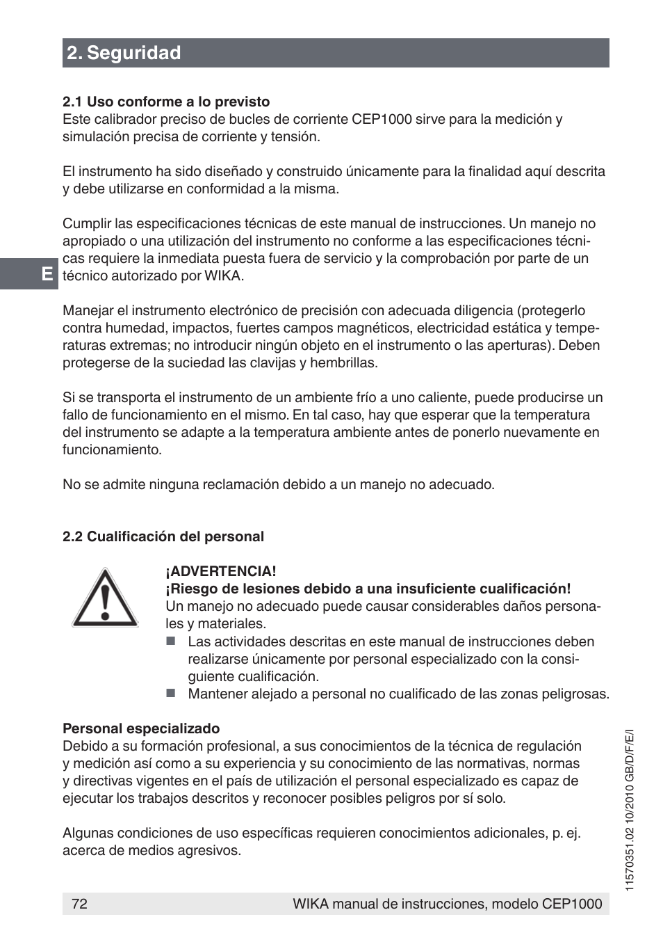 Seguridad | WIKA CEP1000 User Manual | Page 72 / 112