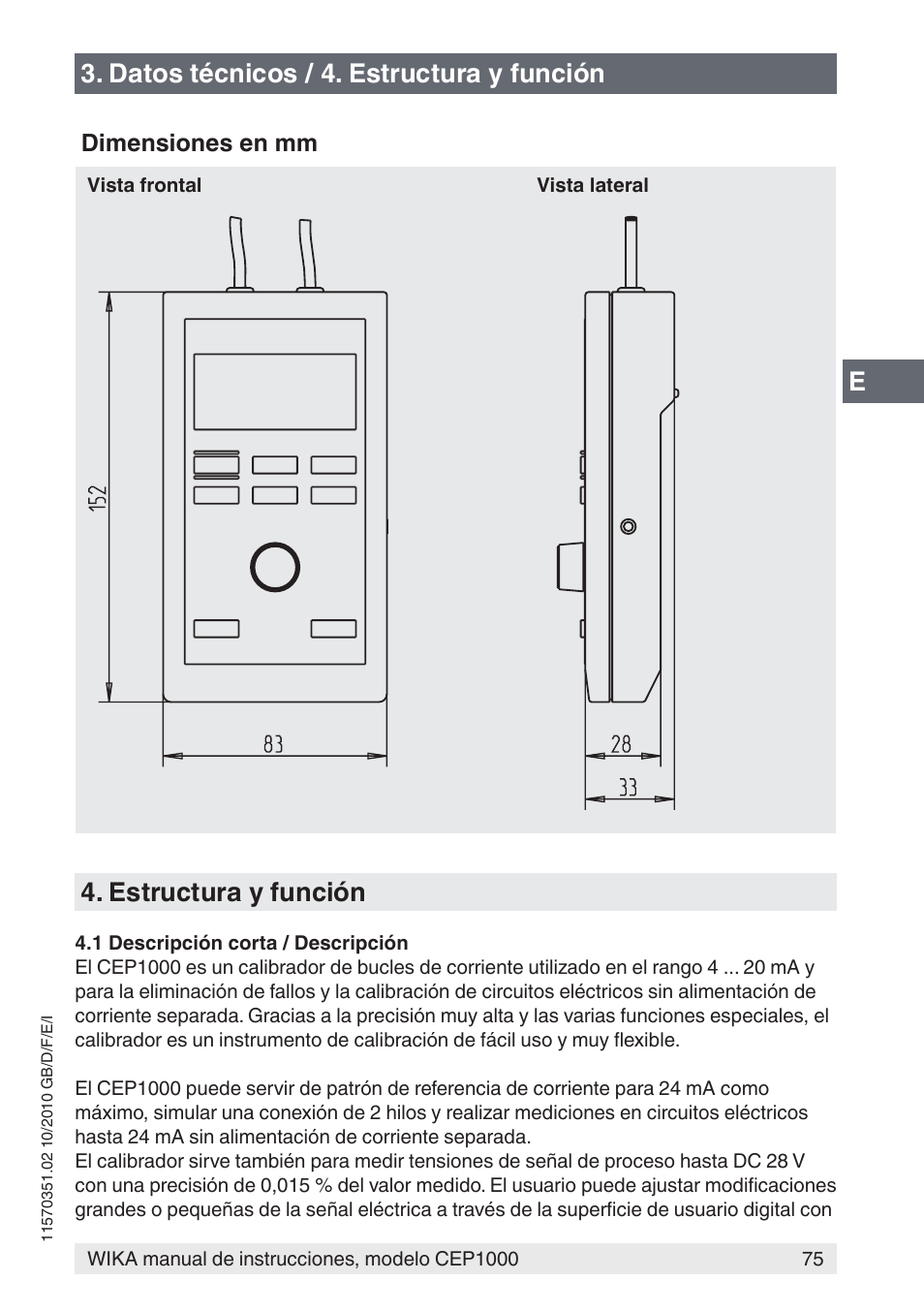 Datos técnicos / 4. estructura y función, Estructura y función | WIKA CEP1000 User Manual | Page 75 / 112