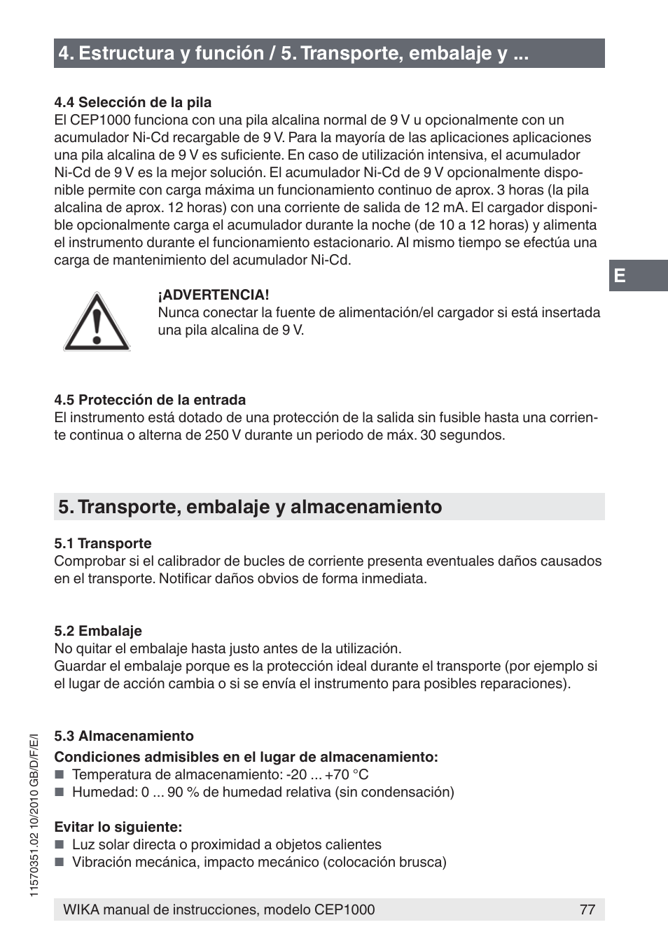 Estructura y función / 5. transporte, embalaje y, Transporte, embalaje y almacenamiento | WIKA CEP1000 User Manual | Page 77 / 112