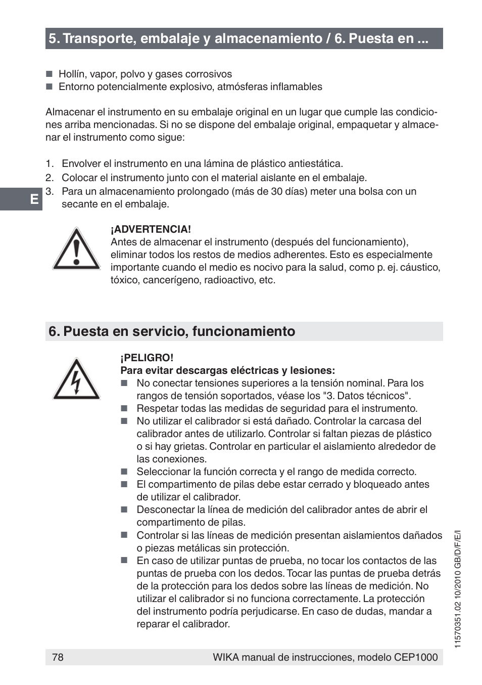 Puesta en servicio, funcionamiento | WIKA CEP1000 User Manual | Page 78 / 112