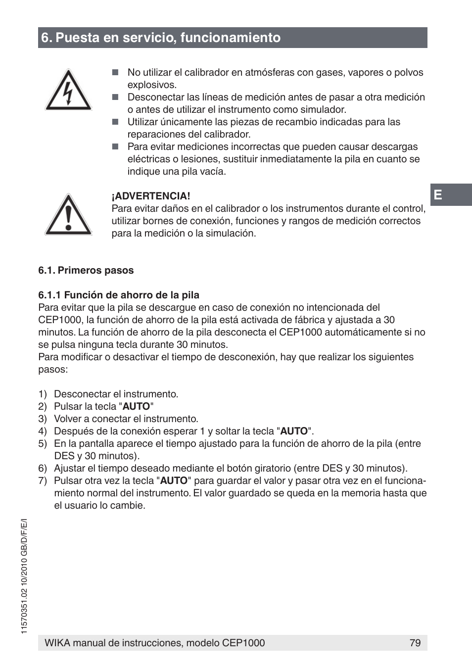 Puesta en servicio, funcionamiento | WIKA CEP1000 User Manual | Page 79 / 112