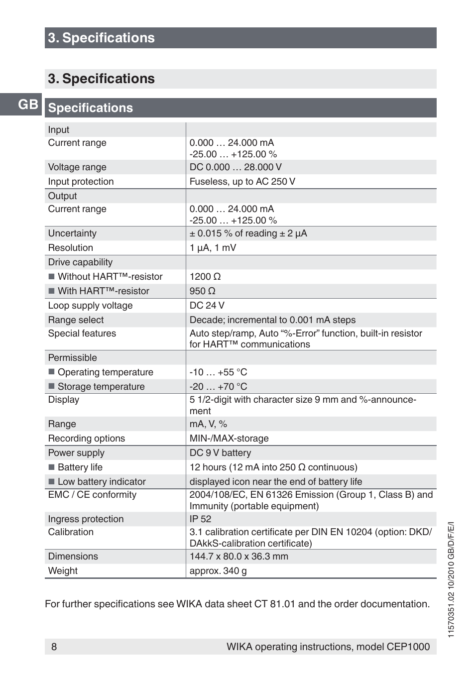 Gb 3. specifications 3. specifications, Specifications | WIKA CEP1000 User Manual | Page 8 / 112