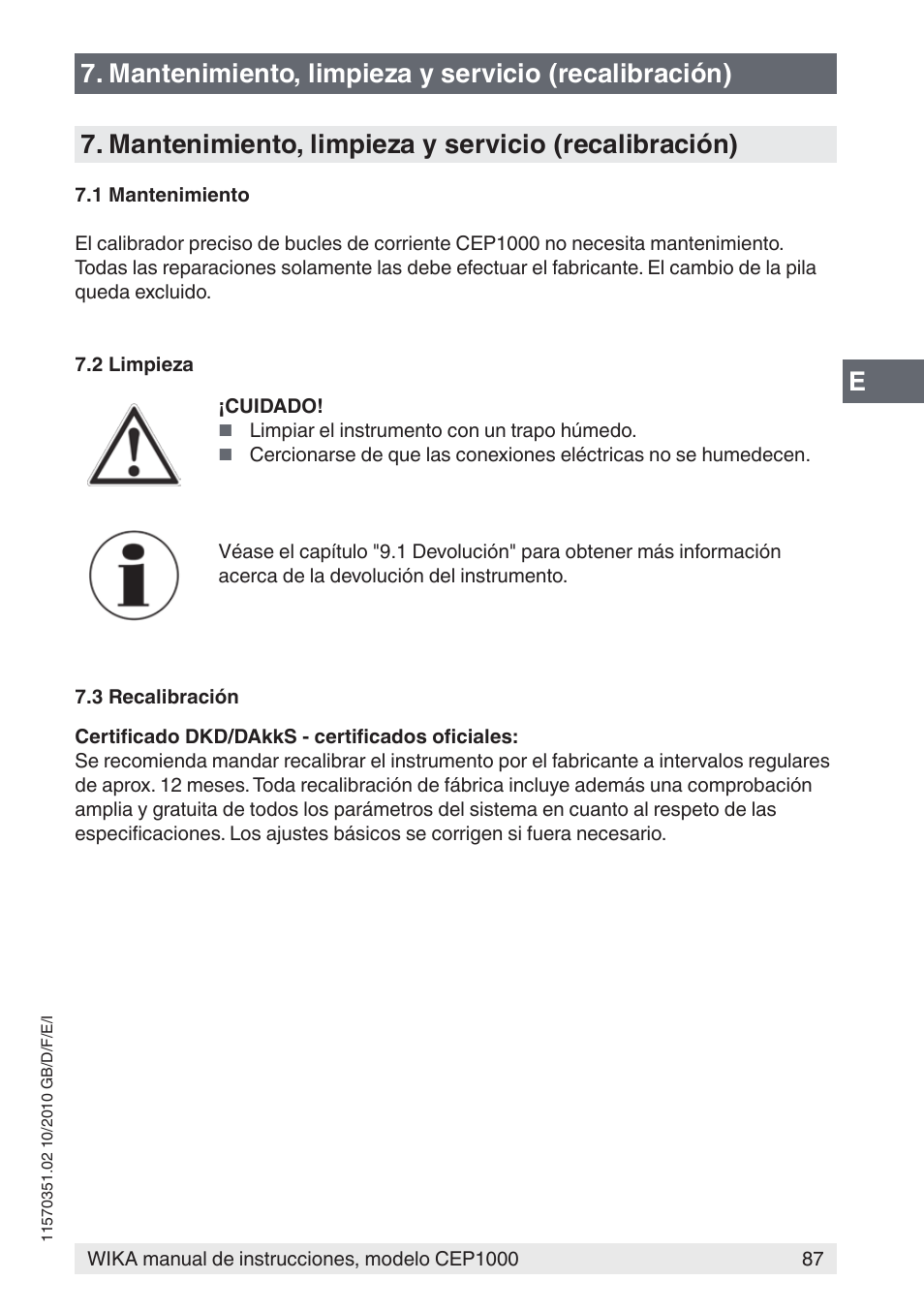 Mantenimiento, limpieza y servicio (recalibración) | WIKA CEP1000 User Manual | Page 87 / 112