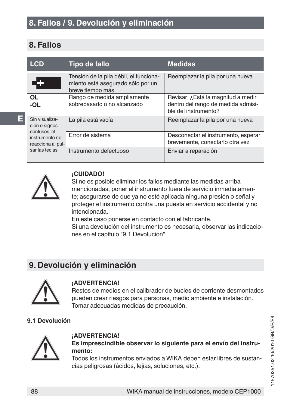 Fallos / 9. devolución y eliminación 8. fallos, Devolución y eliminación | WIKA CEP1000 User Manual | Page 88 / 112