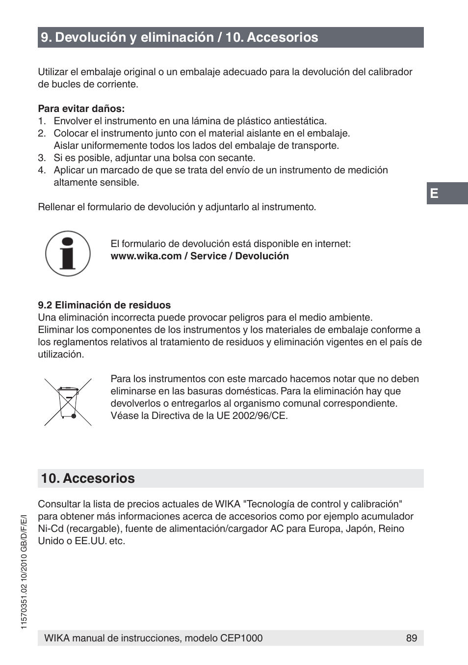 Devolución y eliminación / 10. accesorios, Accesorios | WIKA CEP1000 User Manual | Page 89 / 112