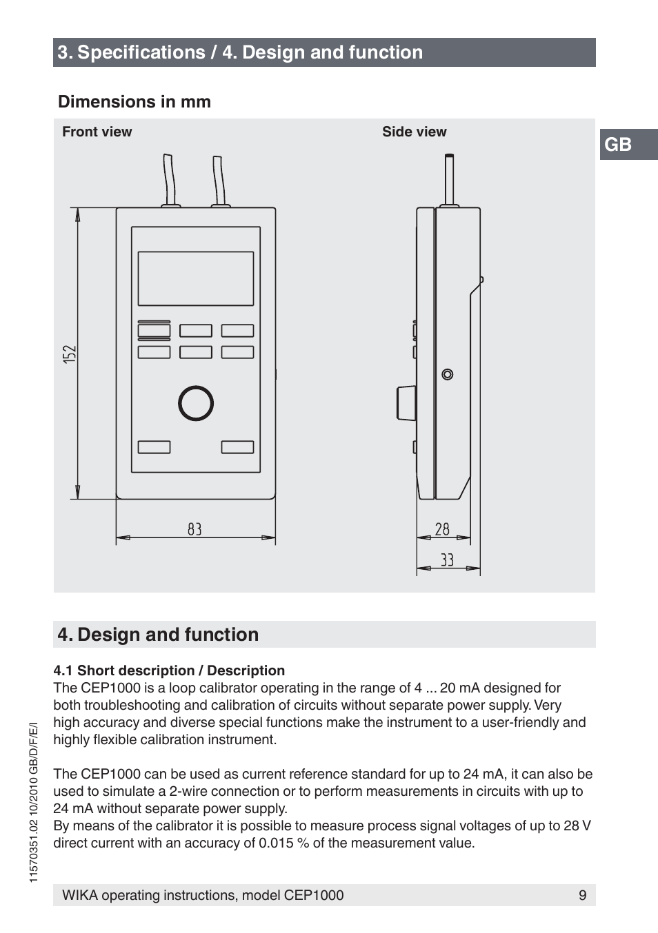 Gb 3. specifications / 4. design and function, Design and function | WIKA CEP1000 User Manual | Page 9 / 112