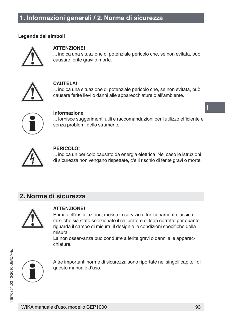 I1. informazioni generali / 2. norme di sicurezza, Norme di sicurezza | WIKA CEP1000 User Manual | Page 93 / 112