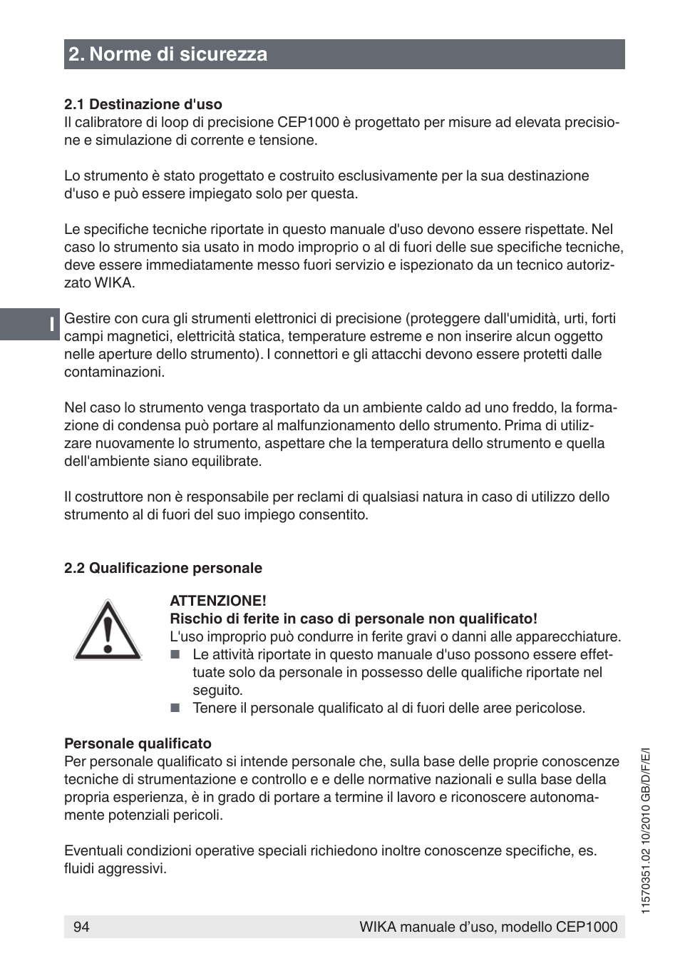 I2. norme di sicurezza | WIKA CEP1000 User Manual | Page 94 / 112