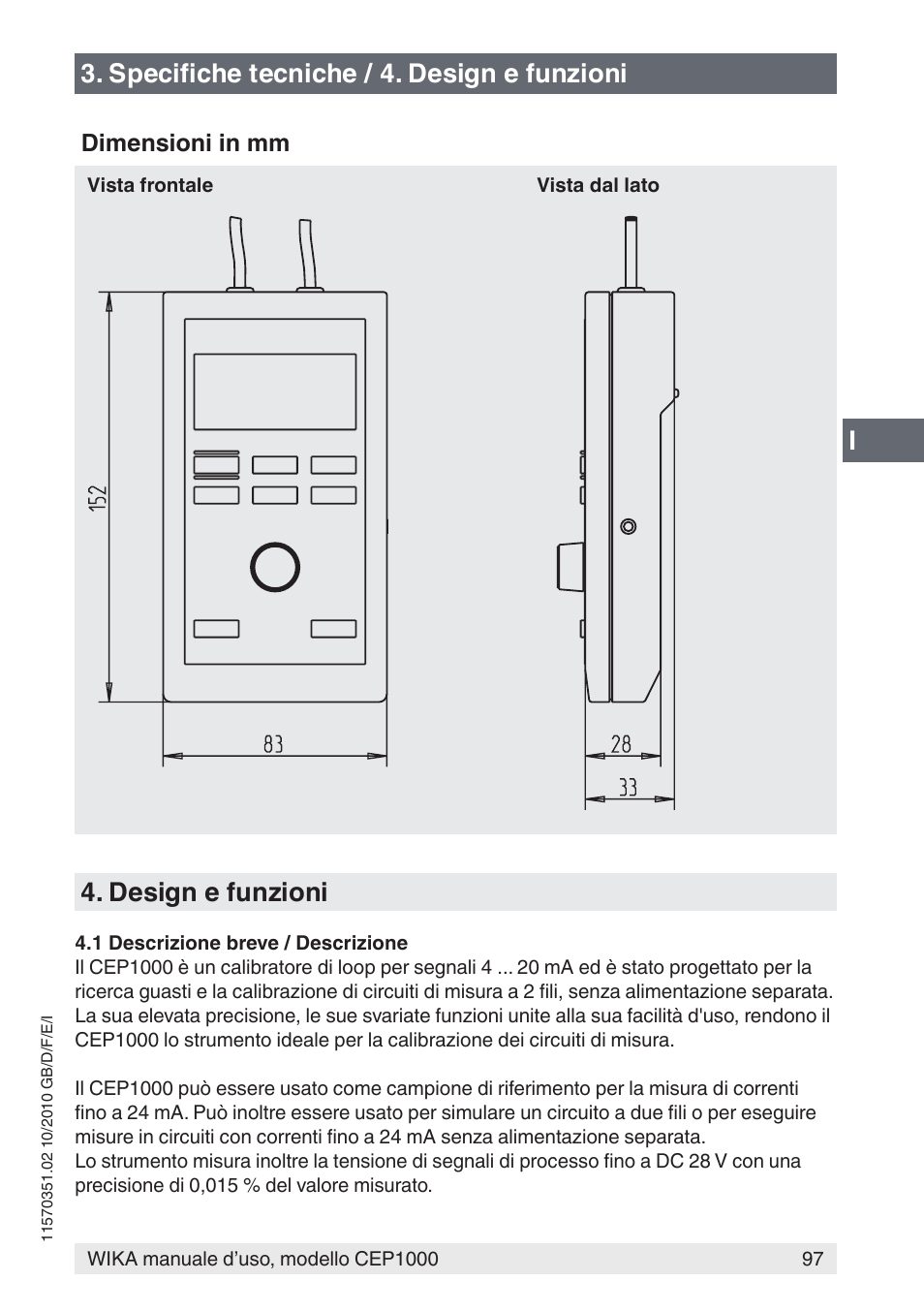 I3. specifiche tecniche / 4. design e funzioni, Design e funzioni | WIKA CEP1000 User Manual | Page 97 / 112