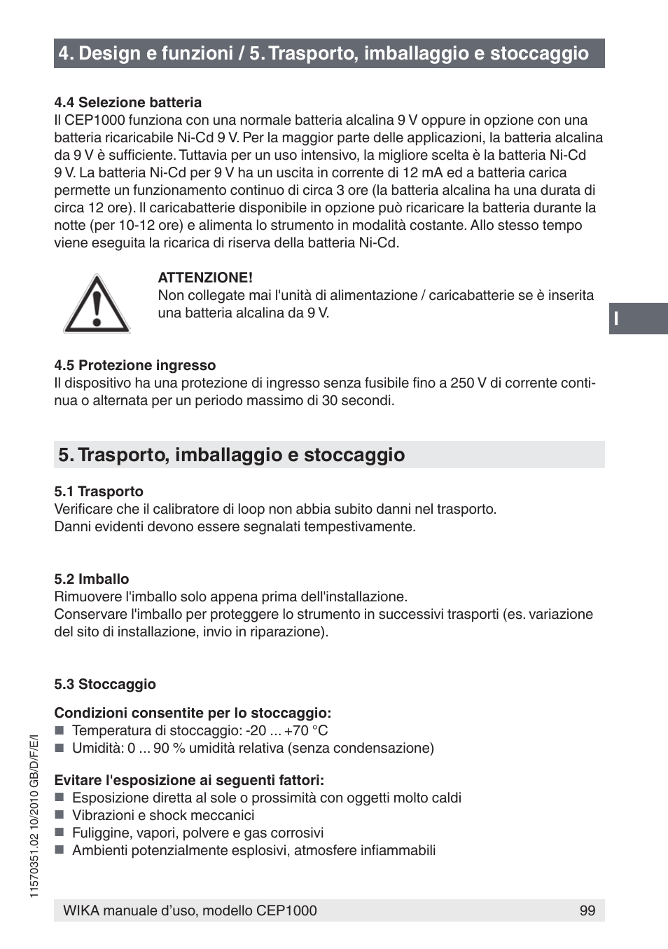 Trasporto, imballaggio e stoccaggio | WIKA CEP1000 User Manual | Page 99 / 112